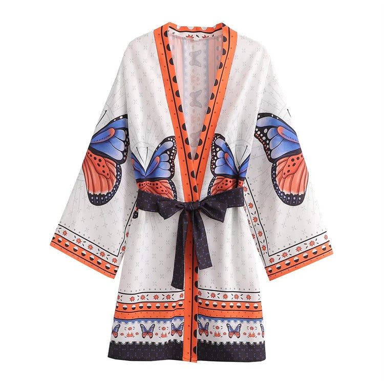 Big Butterfly Print Mini Kimono Robe