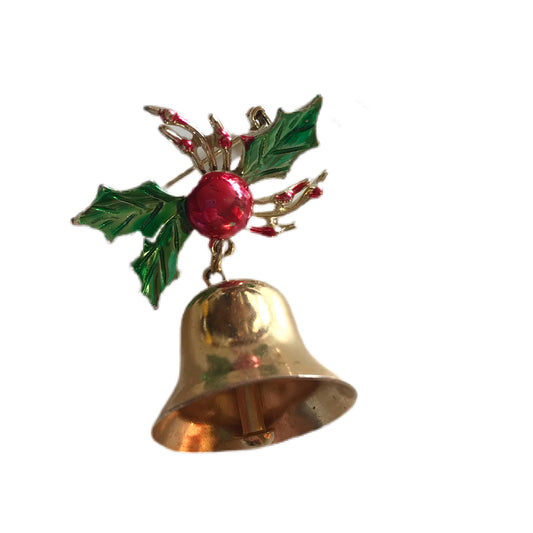 Dangling Holiday Bell Brooch w/ Holly Leaves circa 1960s
