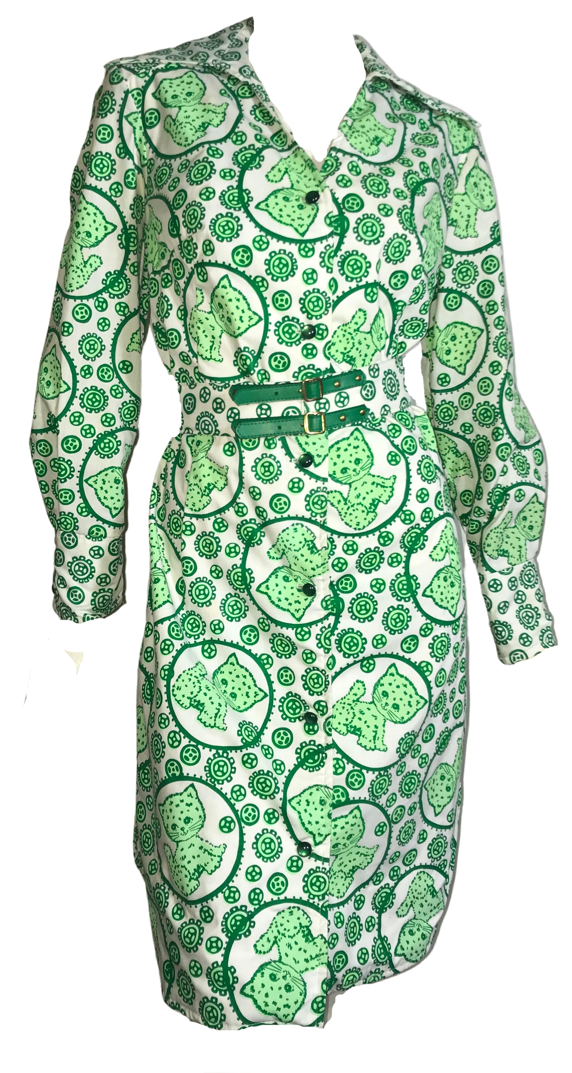 Lime Green Kitty Cat Novelty Print Shirt Dress with Belt circa 1960s Dorothea's Closet Vintage Lime Green Kitty Cat Novelty Print Shirt Dress with Belt circa 1960s Dorothea's Closet Vintage