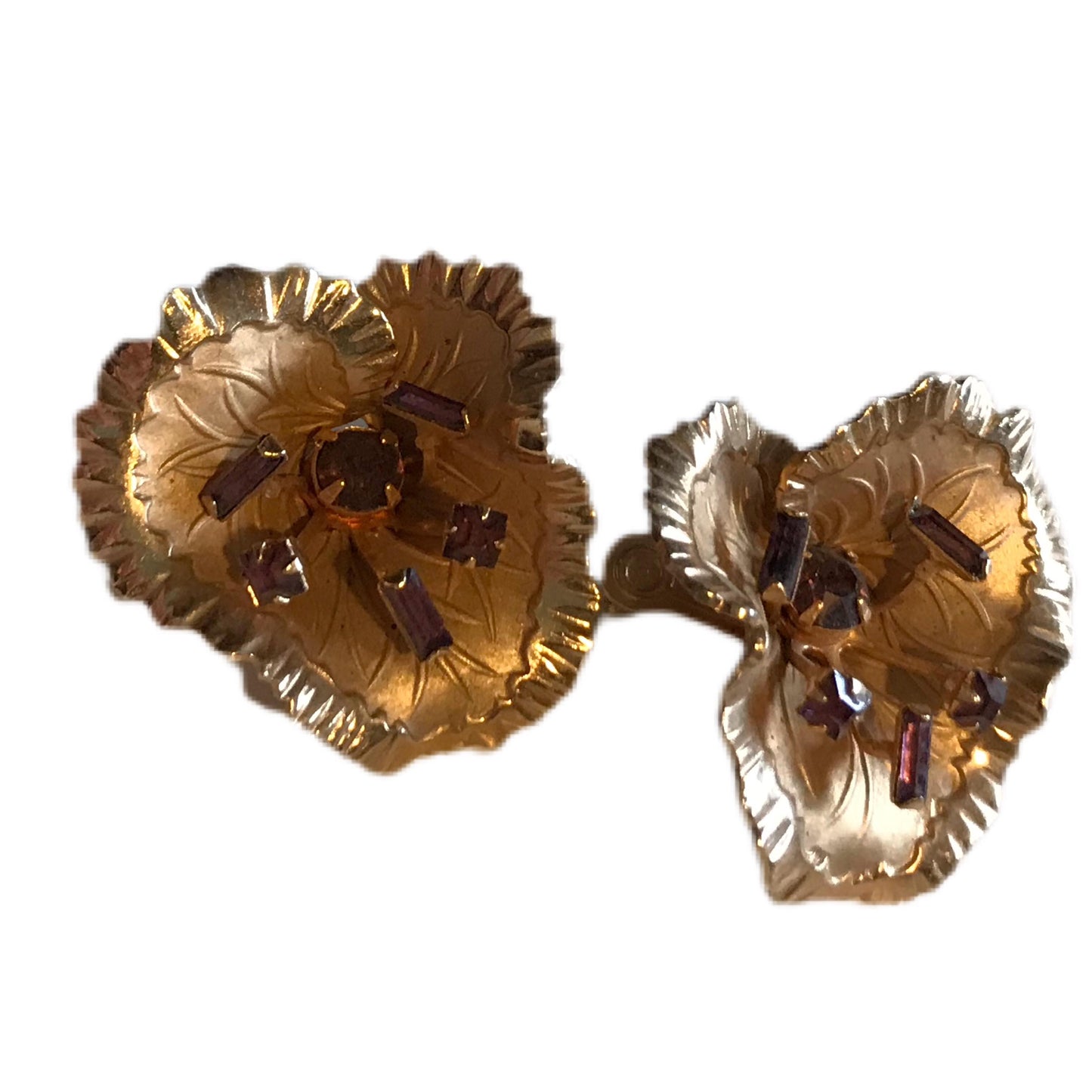 Gold Tone Metal 3D Hibiscus Flower Scatter Pins with Purple Rhinestones circa 1940s