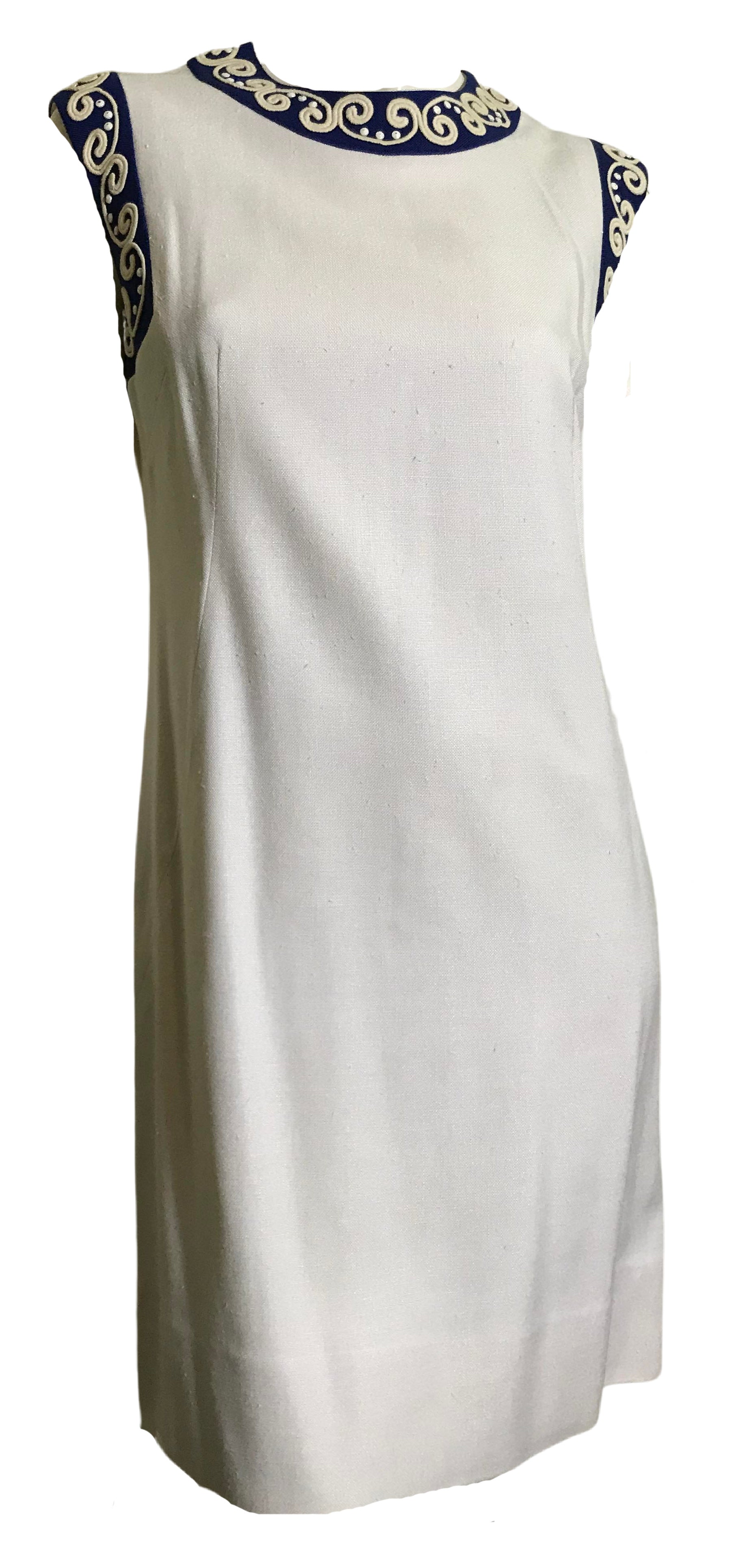 Sleeveless White Linen Weave Rayon Shift Dress with Blue and White Beaded Trim circa 1960s Sleeveless White Linen Weave Rayon Shift Dress with Blue and White Beaded Trim circa 1960s