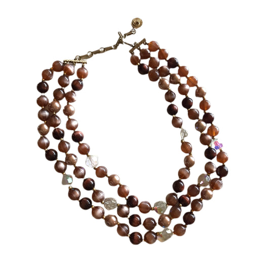 Shades of Coffee Triple Bead & Crystal Necklace circa 1960s