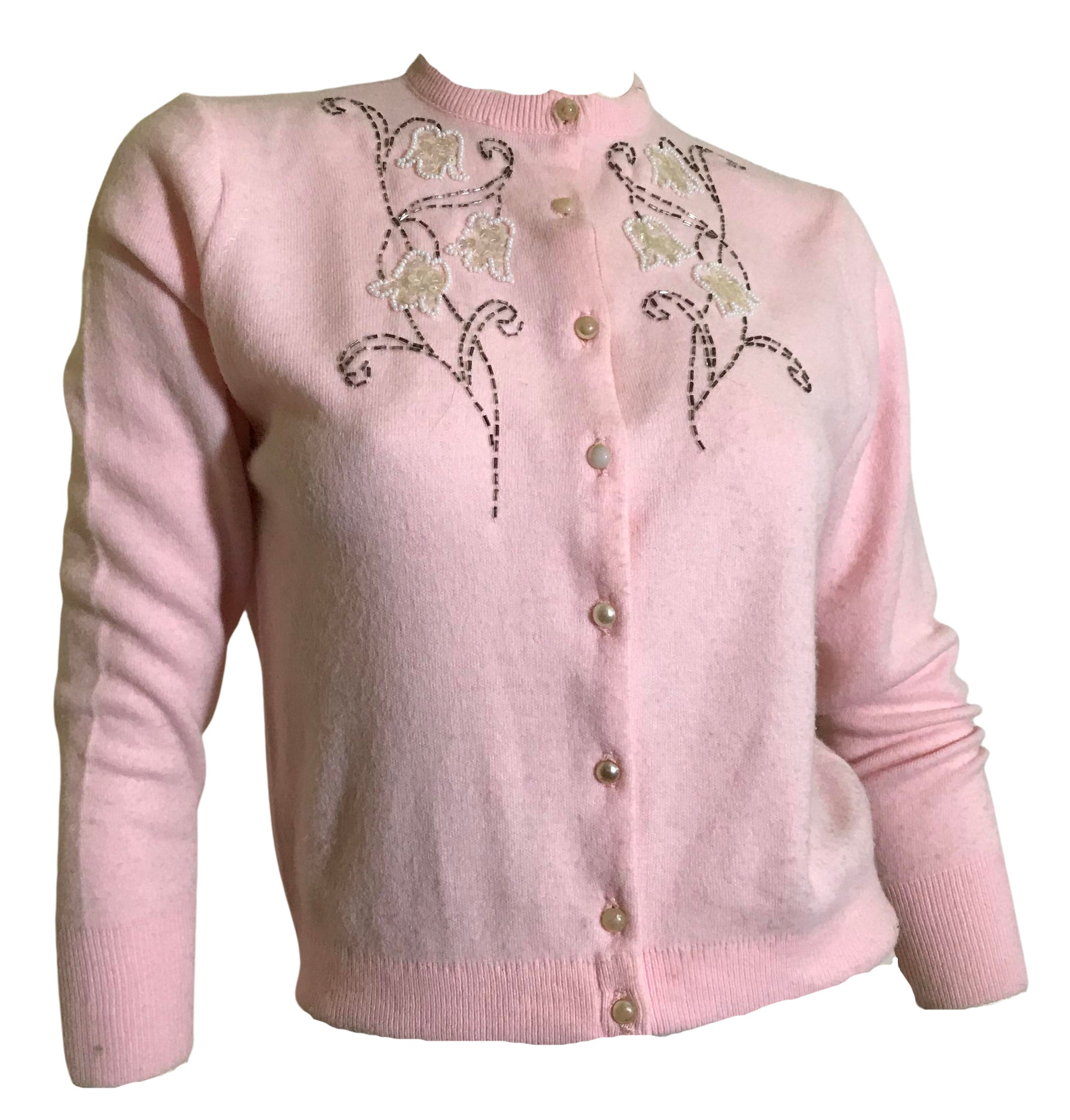 Candy Pink Sweater with Sequined and Beaded Flowers circa 1960s –  Dorothea's Closet Vintage
