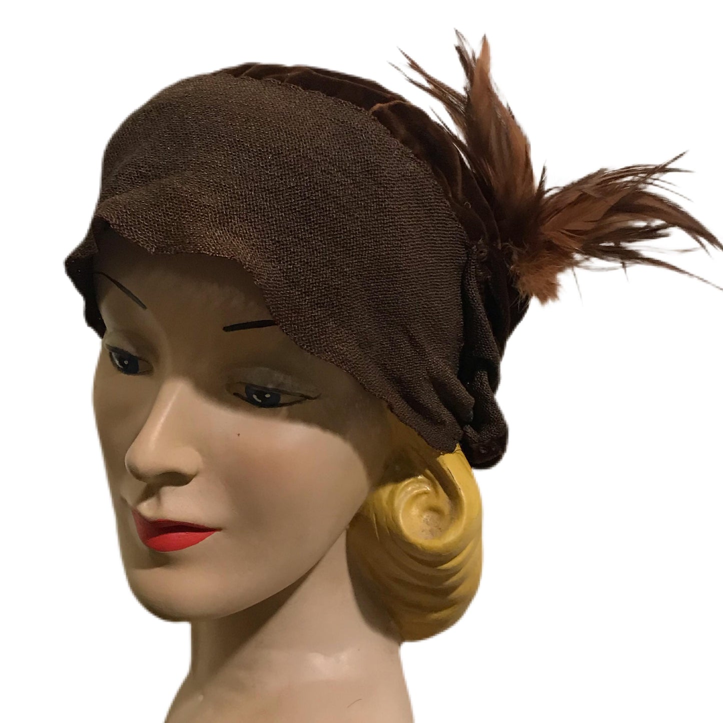 Bronze and Copper Velvet Cloche Hat with Feathers circa 1920s