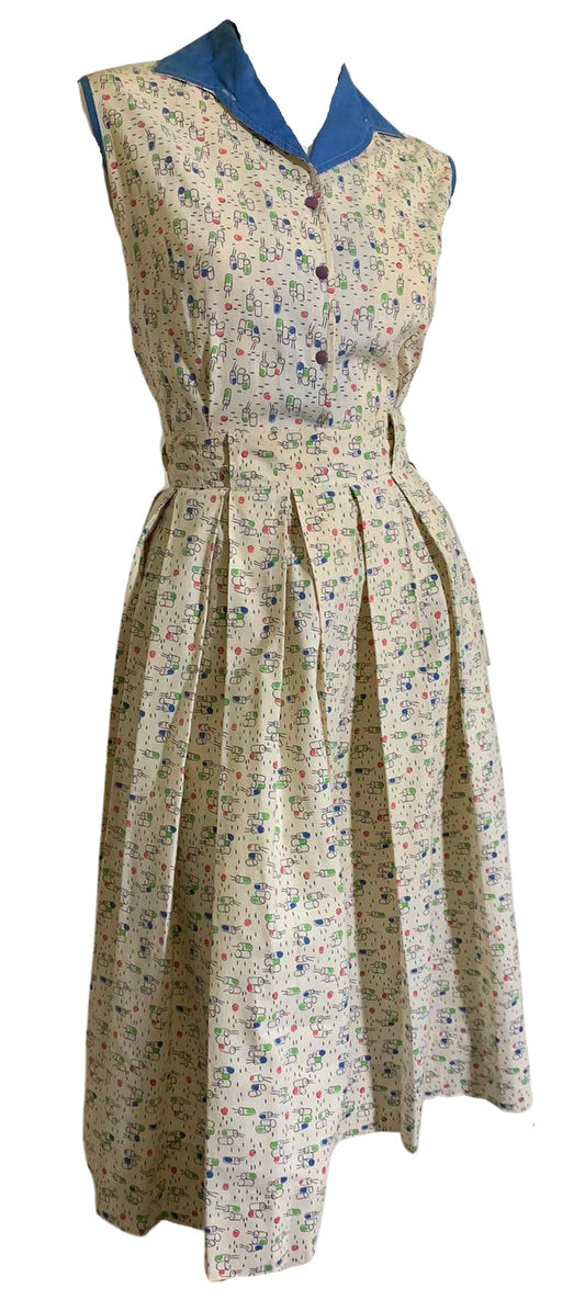 Summertime Drinks by the Patio! Novelty Print Sleeveless Blouse and Skirt Dress Set circa 1950s