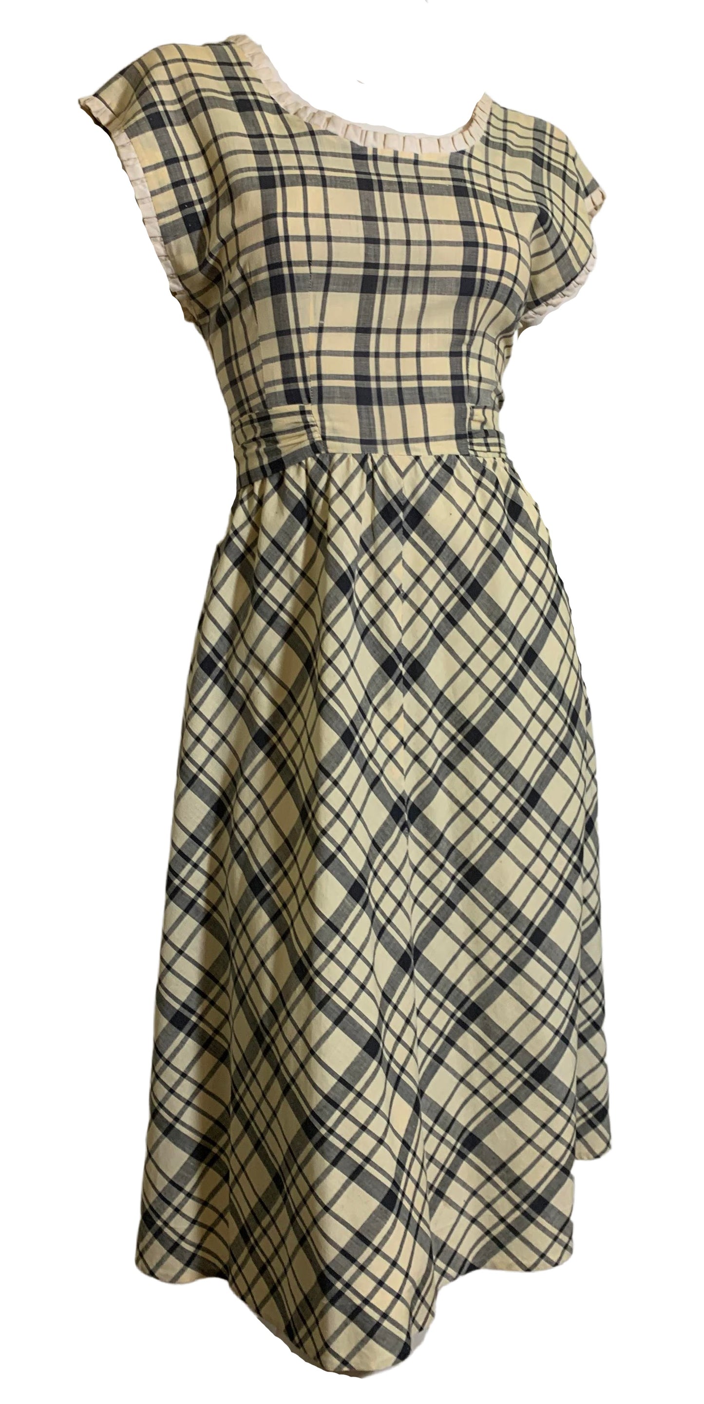 Sunlight Yellow and Blue Checked Cotton Dress with Lace Trim and Low Button Back circa 1940s