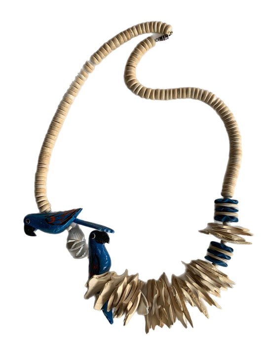 Wooden Tropical Parrots Beaded Statement Necklace circa 1980s