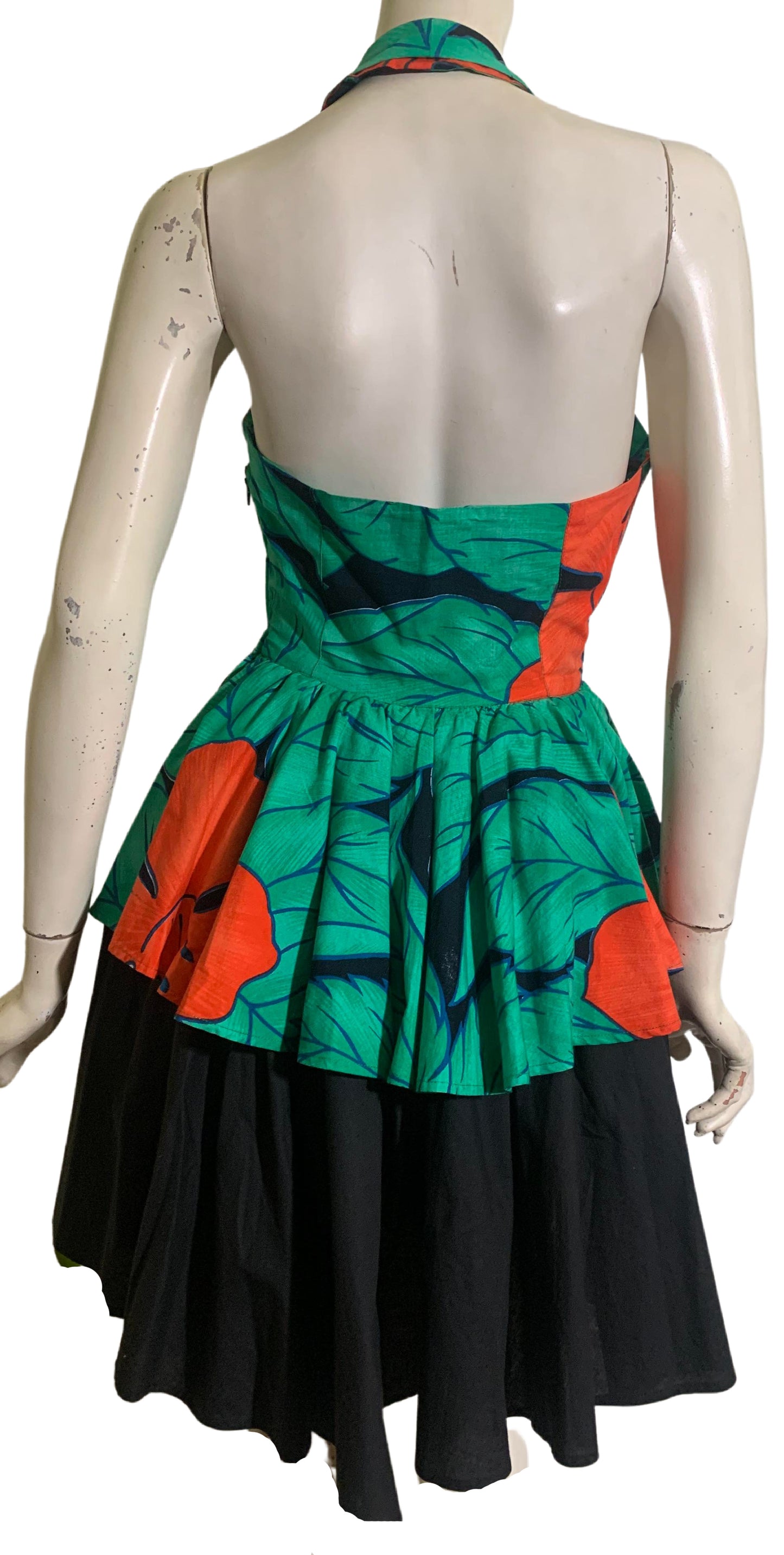 Fiorucci Tropical Print Halter Mini Dress with Peplum circa 1980s Italy