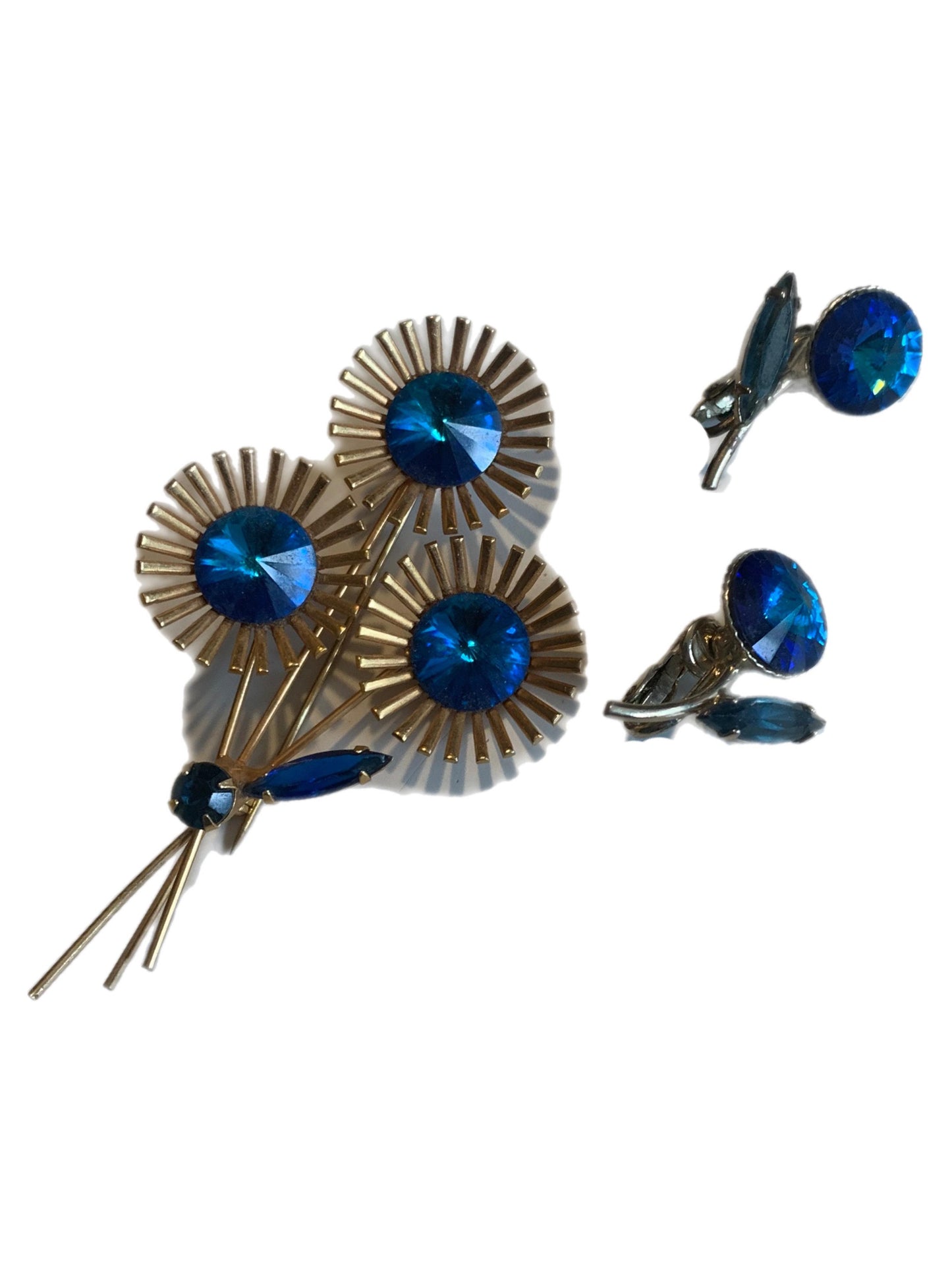 Rivoli Crystal Blue Flower and Rhinestone Brooch and Clip Earrings circa 1960s