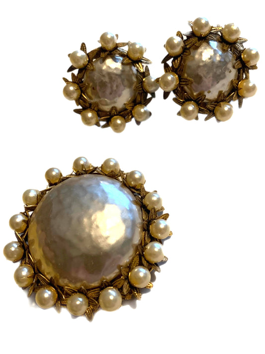 Rare Baroque Faux Pearl Brooch and Clip Earrings Demi Parure Set circa 1940s