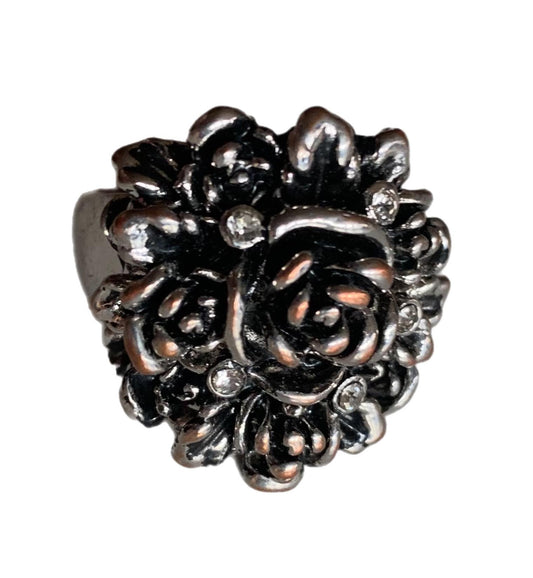 Silver Tone Rose Ring with Rhinestones circa 1970s 9.5
