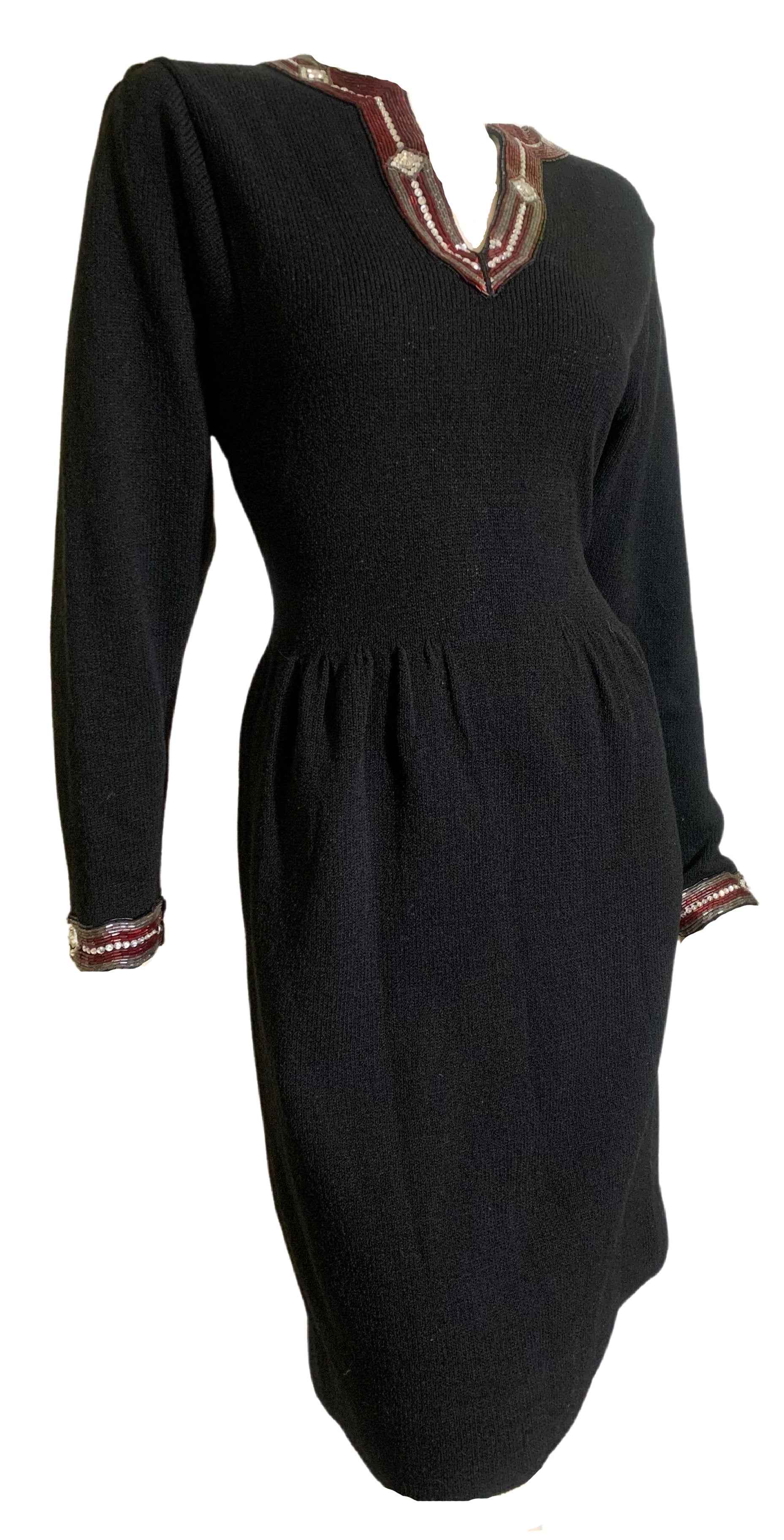 Bead and Rhinestone Trimmed Santana Knit Black Dress circa 1980s Bead and Rhinestone Trimmed Santana Knit Black Dress circa 1980s