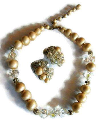Matte Faux Pearl and Crystal Necklace and Clip Earring Set circa 1960s