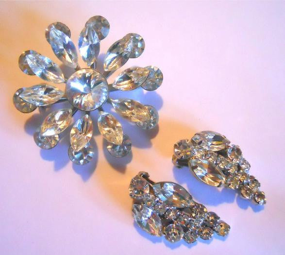 Floral Shaped Rhinestone 1960s Brooch and Clip Earrings