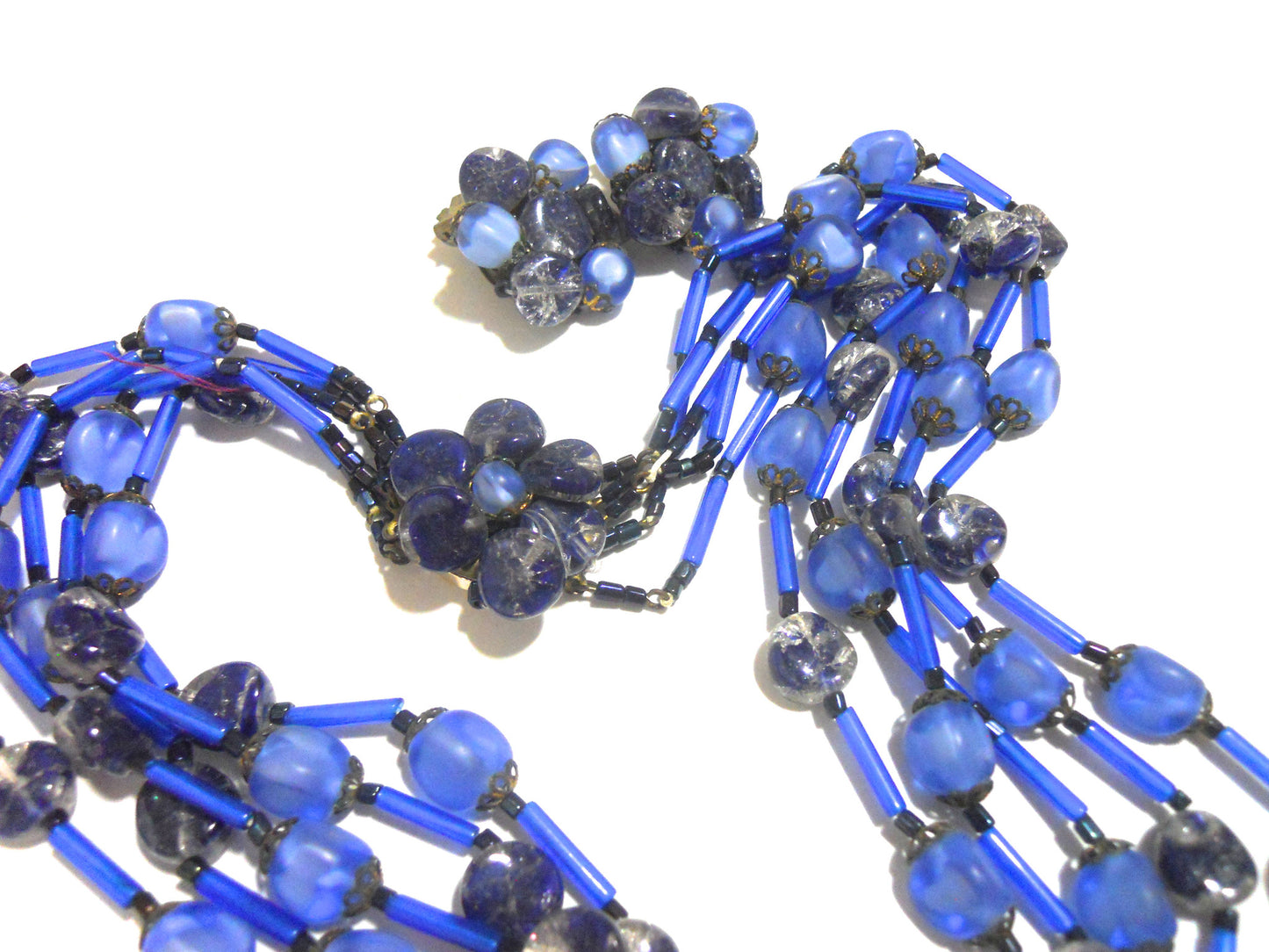 Swirled Blue Beaded Multi-Strand Necklace and Clip Earrings circa 1960s