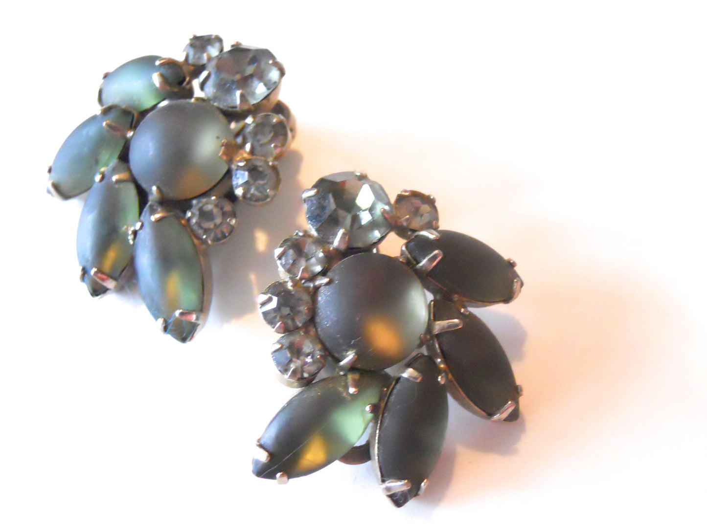 Frosted Blue Green Navette & Rhinestone Clip Earrings circa 1960s