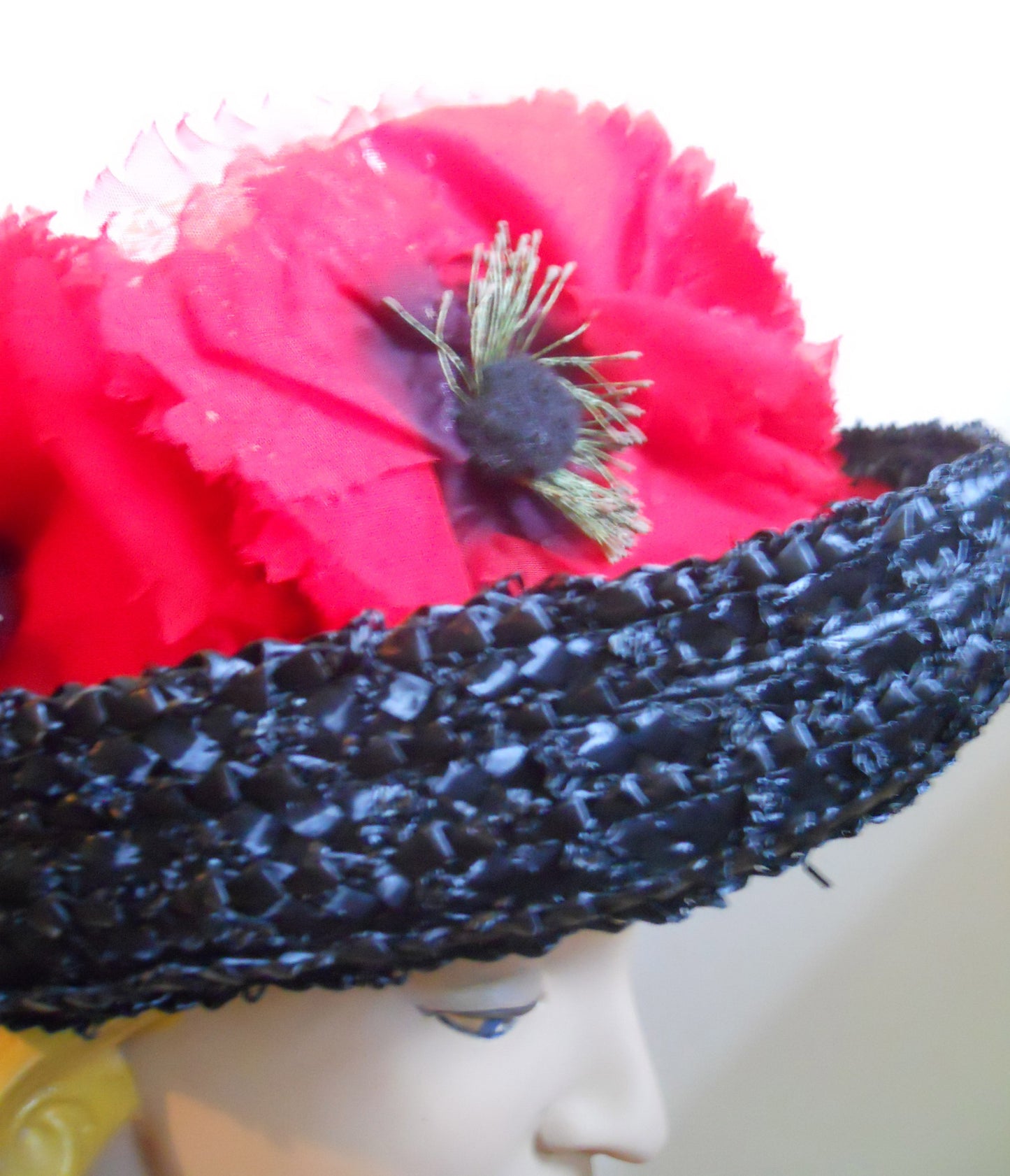 Black and White Sisal 1960s Hat with Big Red Poppies
