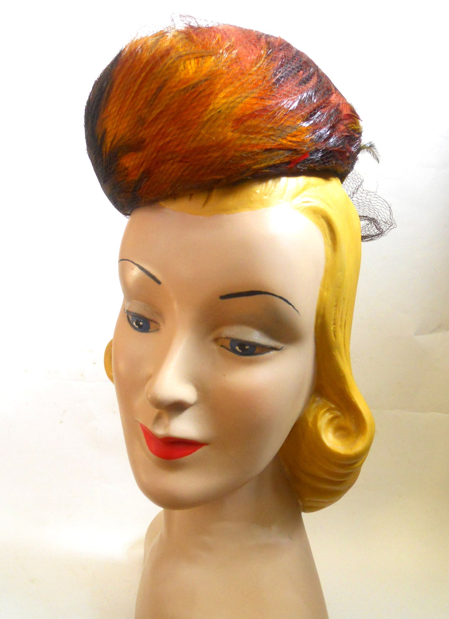 Autumn Hues Feather High Crown 1940s Tilt Hat