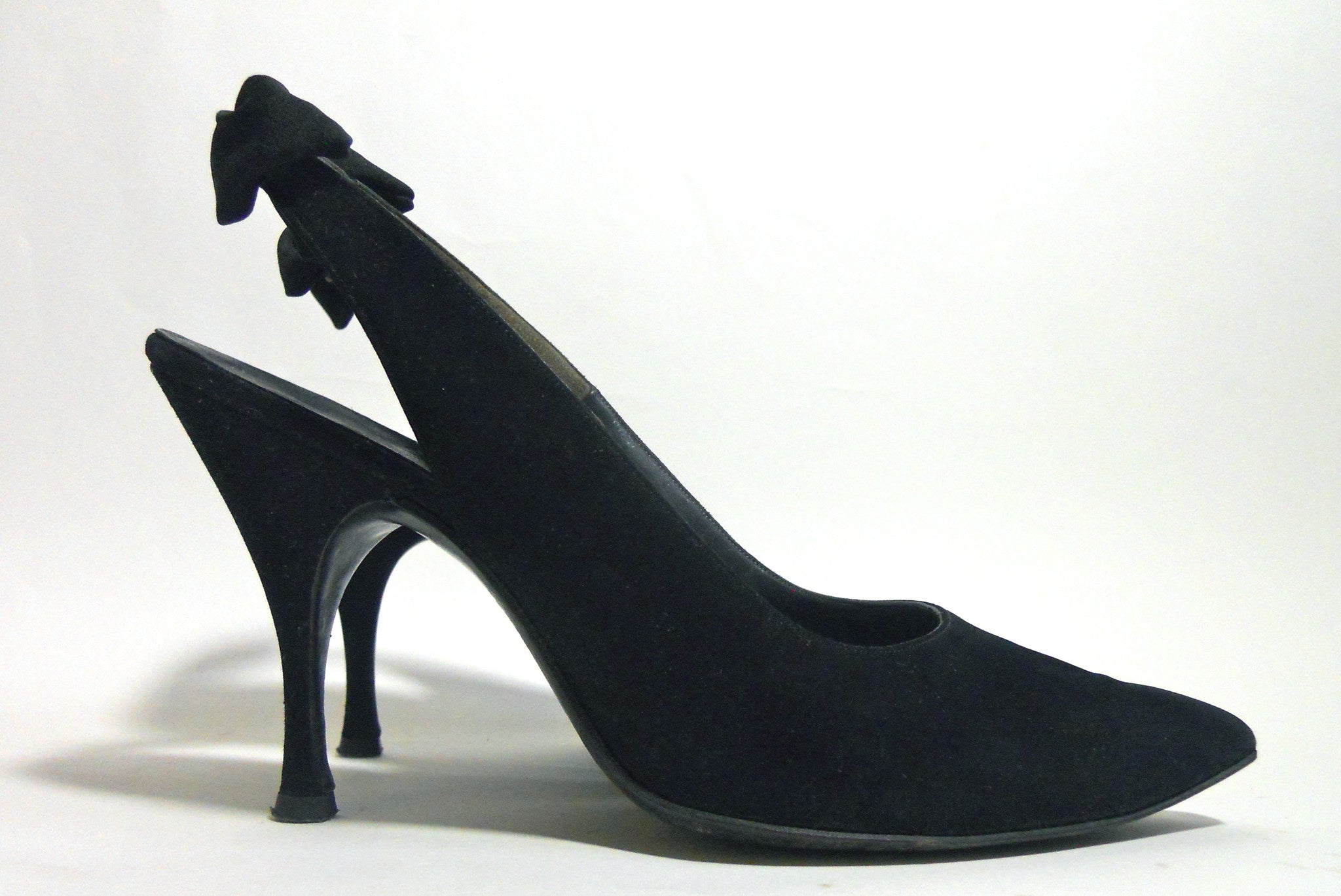 Black Suede Stiletto Heel Slingback Shoes with Bows circa 1960s