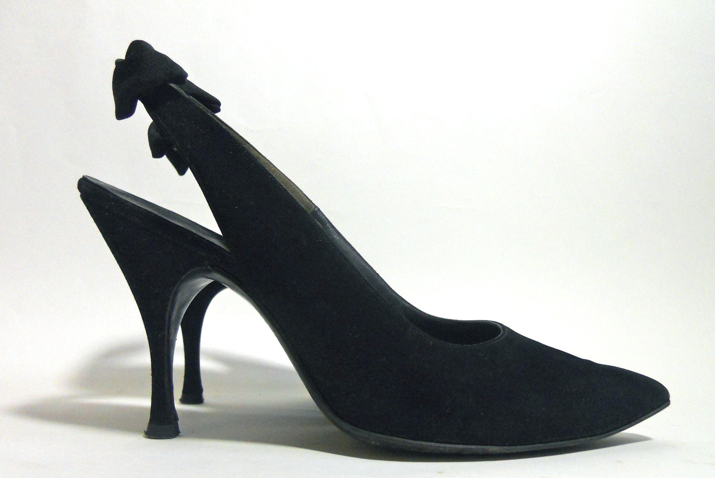 Black Suede Stiletto Heel Slingback Shoes with Bows circa 1960s by Herbert Levine
