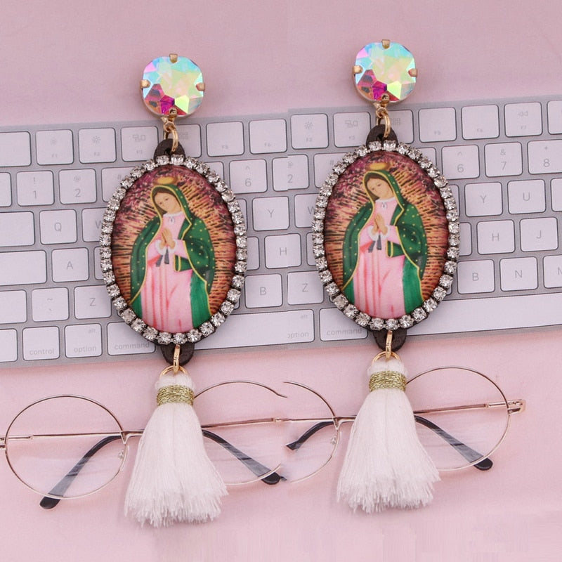 Relic- the Virgin Mary Rhinestone and Fringe Earrings Collection 50 Styles and Colors