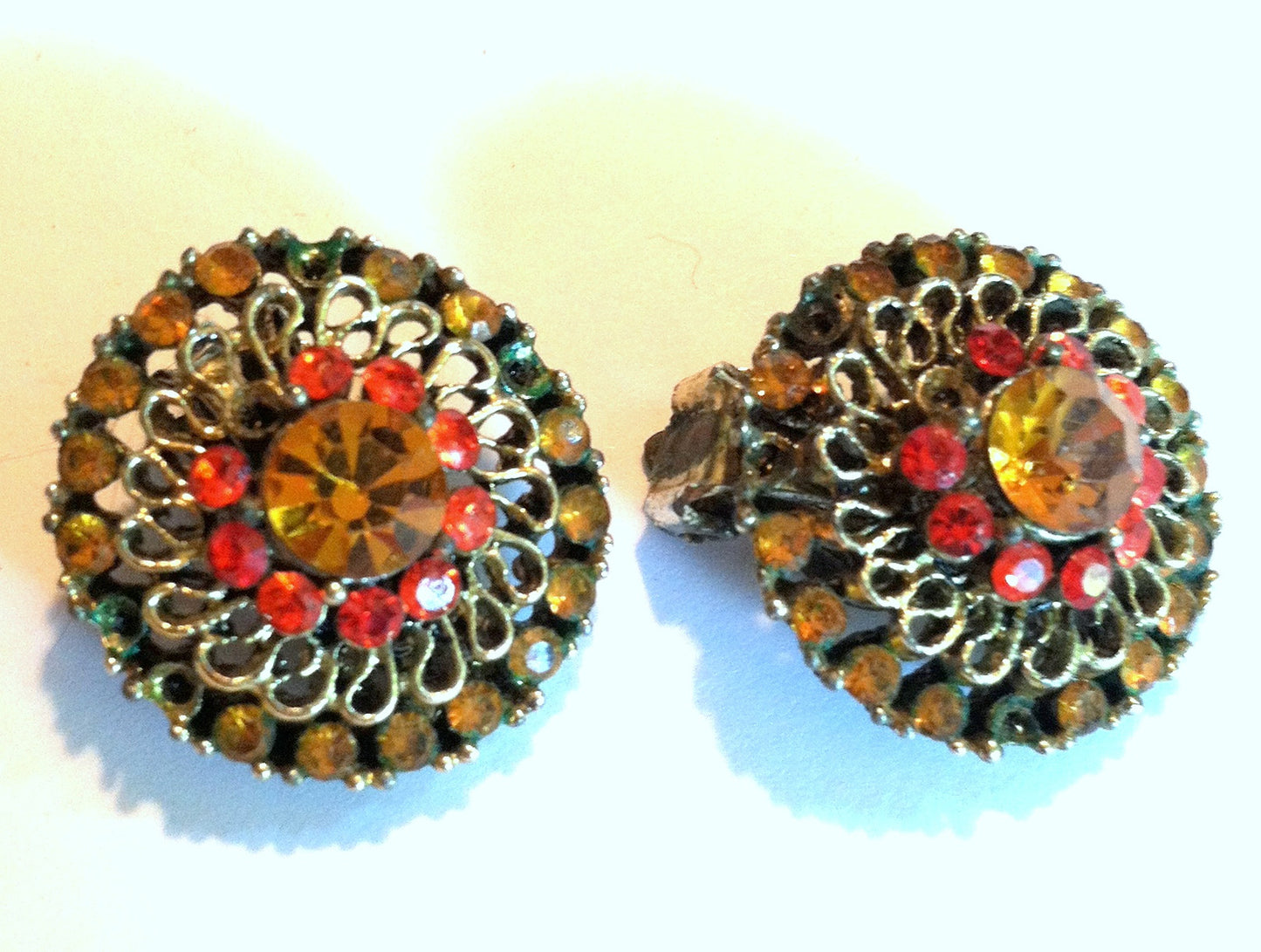 Orange and Yellow Rhinestone Clip Earrings circa 1960s