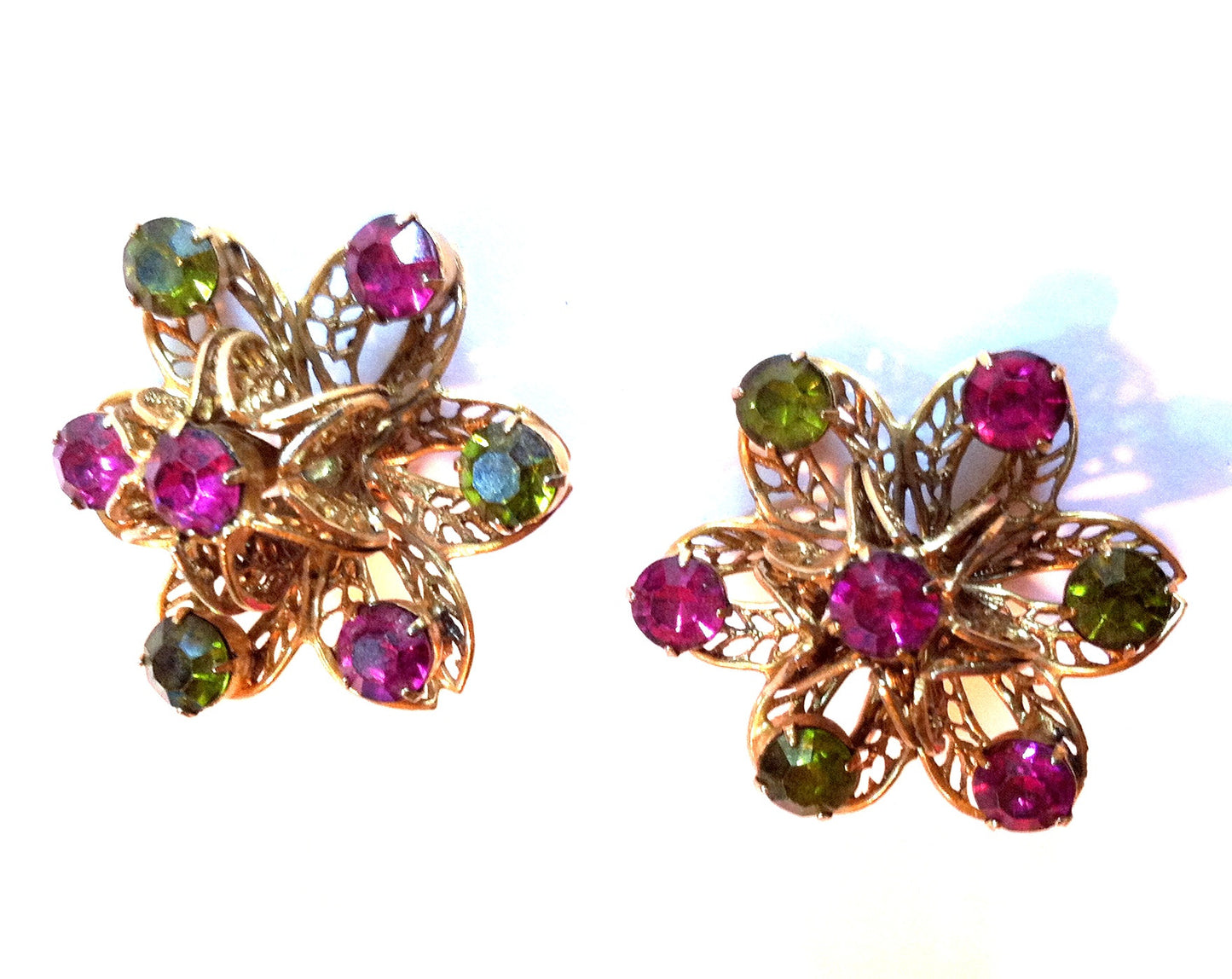 Large 3-D Filigree Flower Clip Earrings w/ Purple Rhinestones circa 1960s