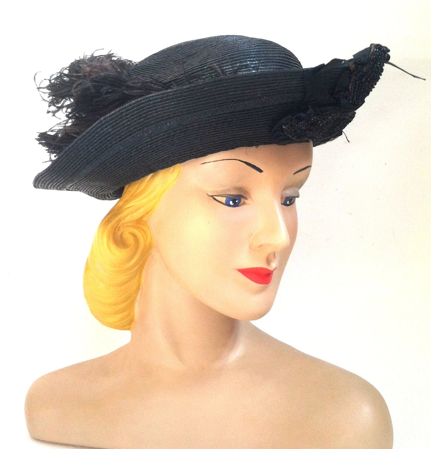 Black Curved Brim Edwardian Hat w/ Jet Beading and Ostrich Plume 