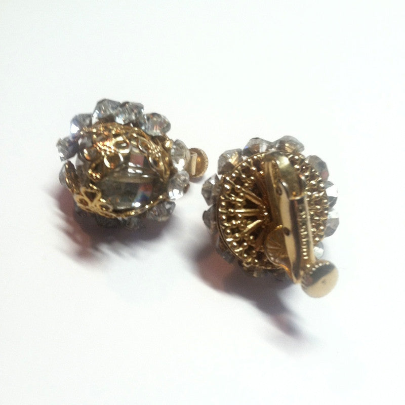 Soft Grey Crystal and Rhinestone Filigree Wrapped Clip Earrings circa 1960s Vendome