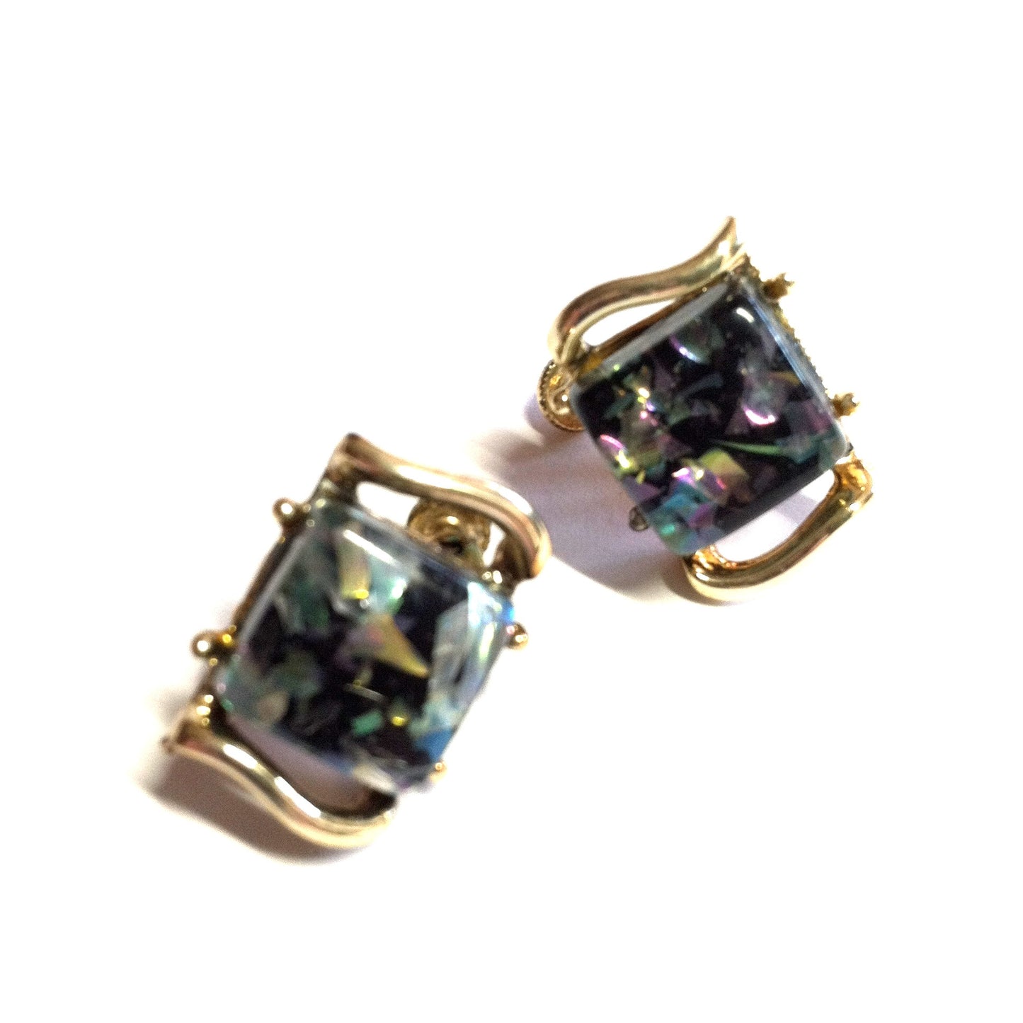 Metallic Confetti Flecked Teal and Purple Lucite Earrings circa 1960s