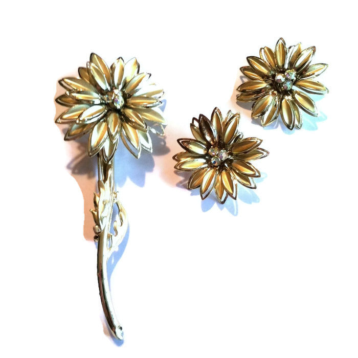 Bold Gold Flower Statement Brooch and Earrings w/ Rhinestones circa 1960s