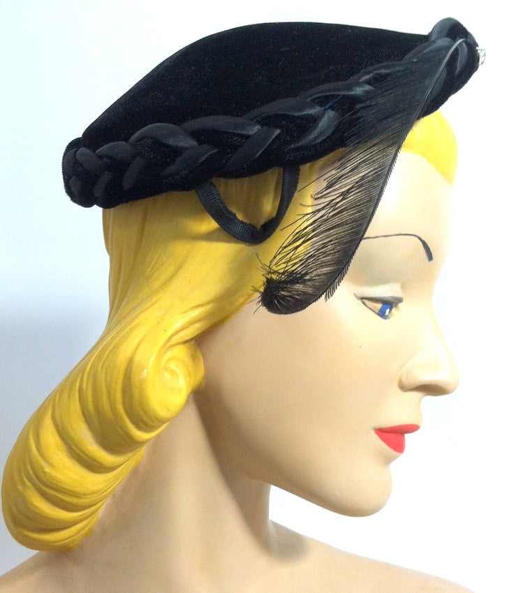 Rhinestone Trimmed Black Velvet and Satin Cocktail Hat w/ Feather circa 1950s