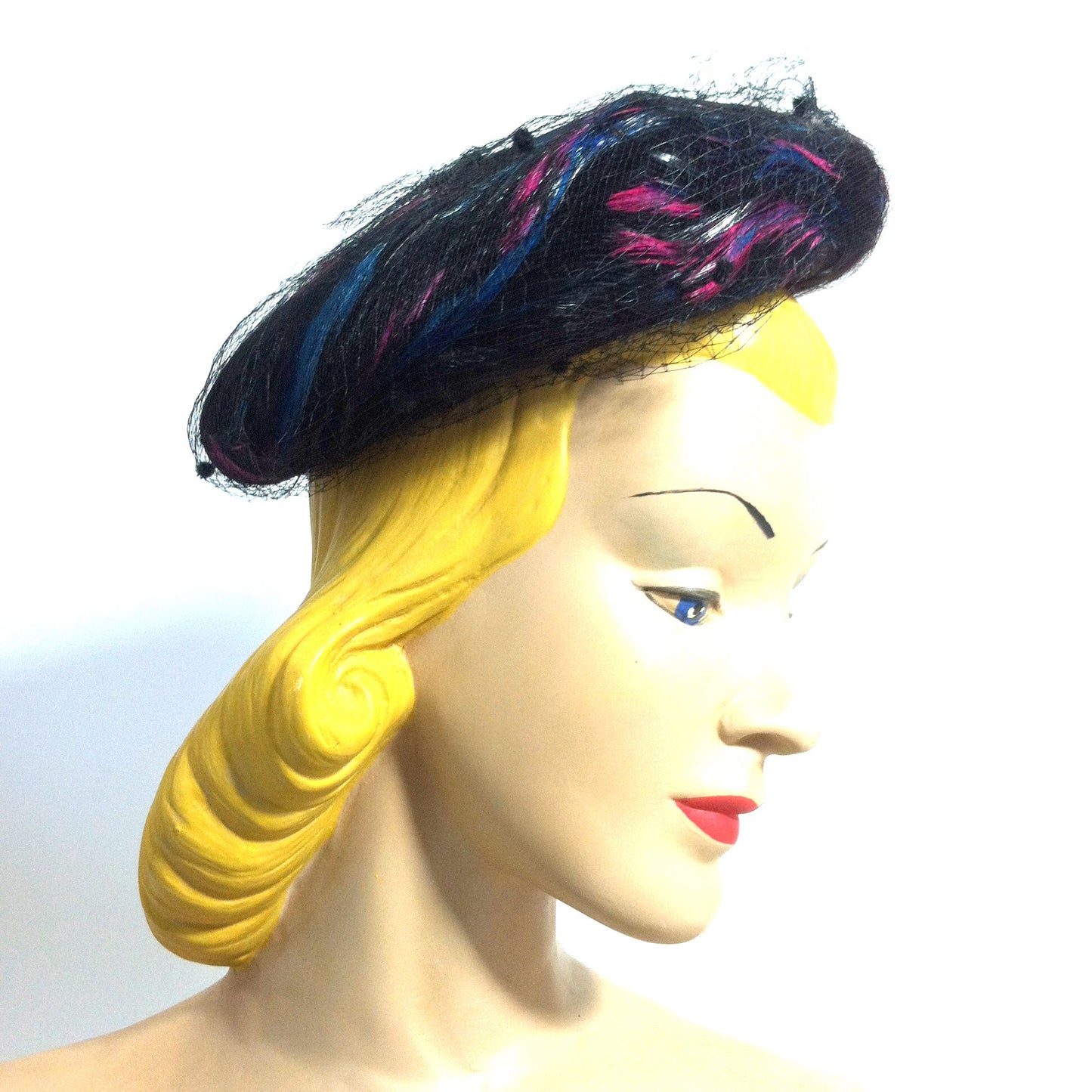 Magenta and Blue Swirled Feather Black Hat w/ Veiling circa 1960s