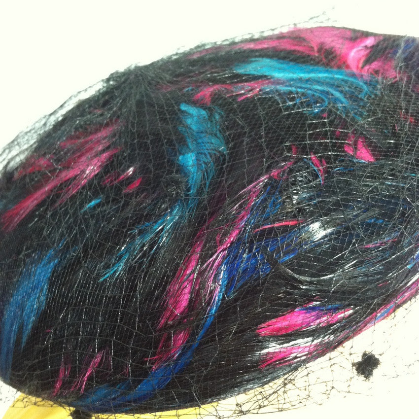 Magenta and Blue Swirled Feather Black Hat w/ Veiling circa 1960s