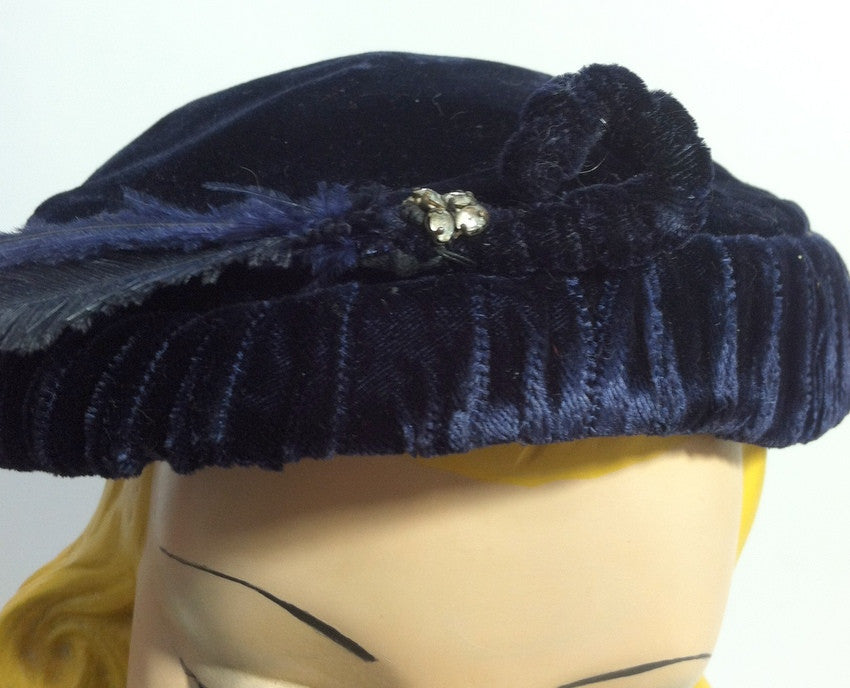Sapphire Blue Velvet Cocktail Hat with Feather and Rhinestones circa 1950s