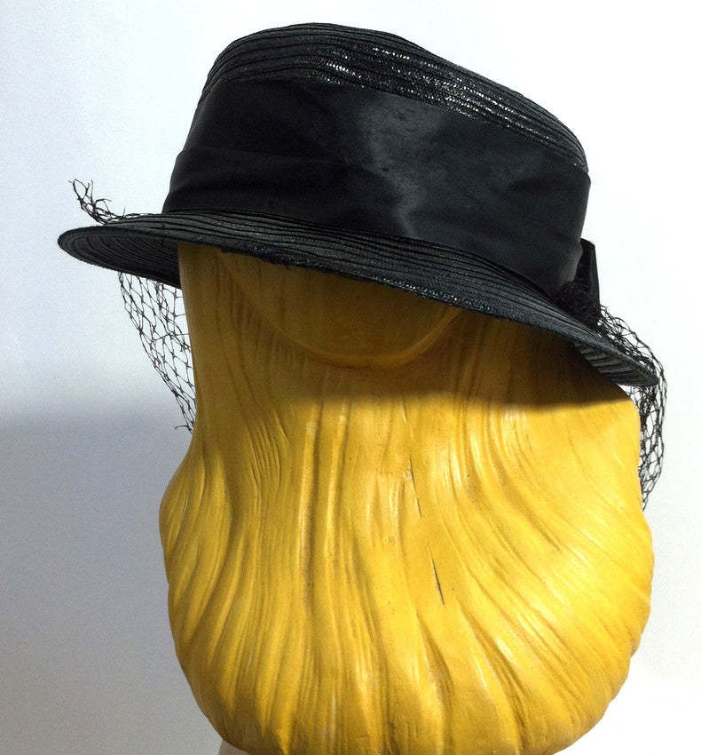 Blush Rose Black Hat w/ Dramatic Veil circa 1940s