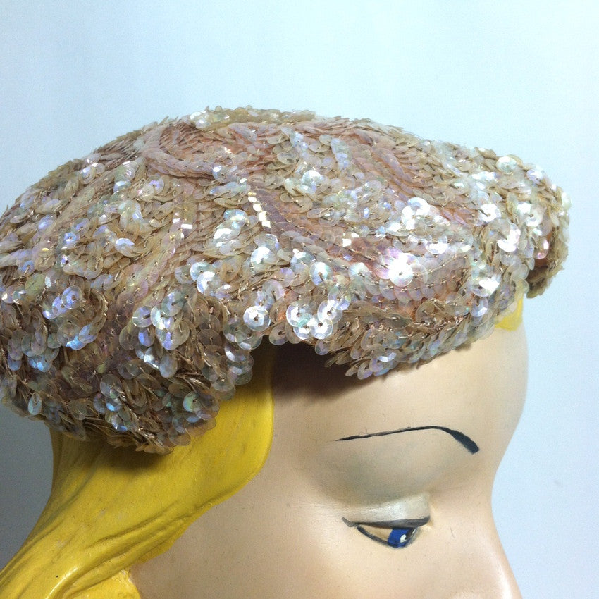 Iridescent Rose Pink Sequined & Beaded Cocktail Hat circa 1950s