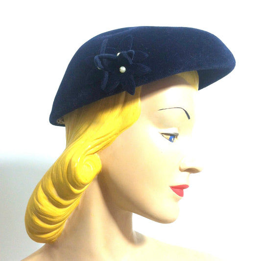 Sapphire Blue Felted Wool Hat w/  3-D Flowers and Faux Pearls circa 1940s