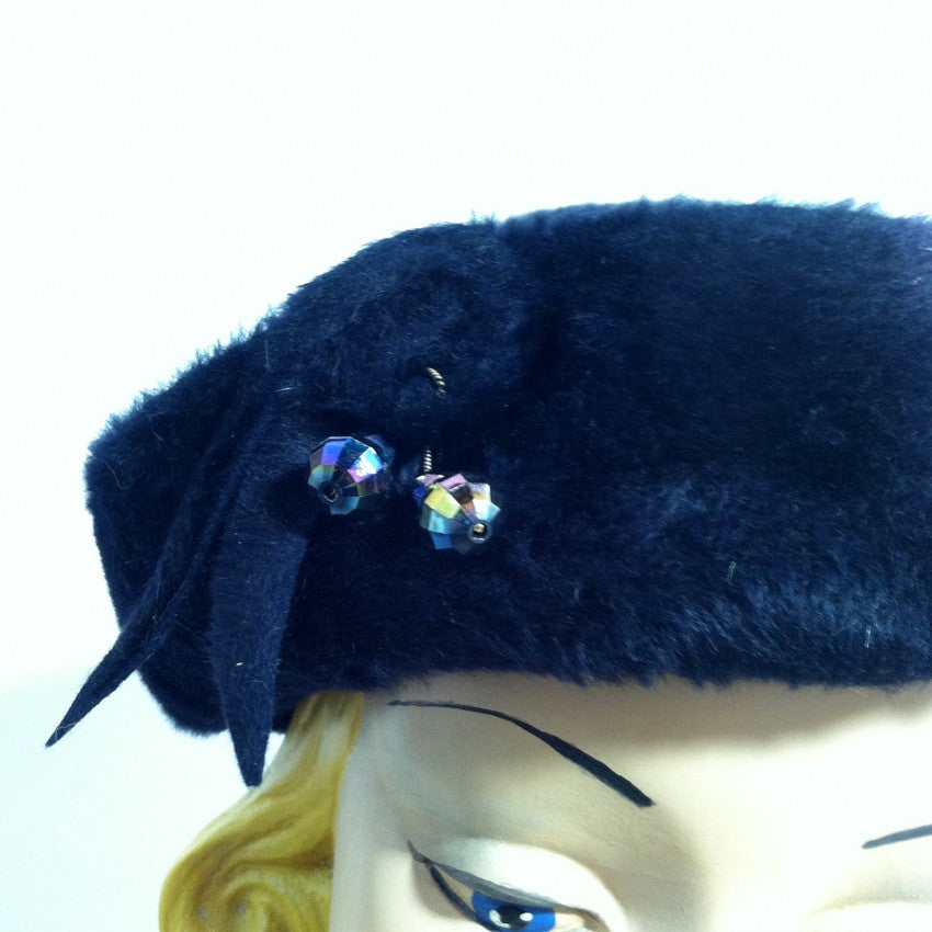 Midnight Blue Felted Fur Slouch Hat w/ Carnival Glass Beads circa 1960s