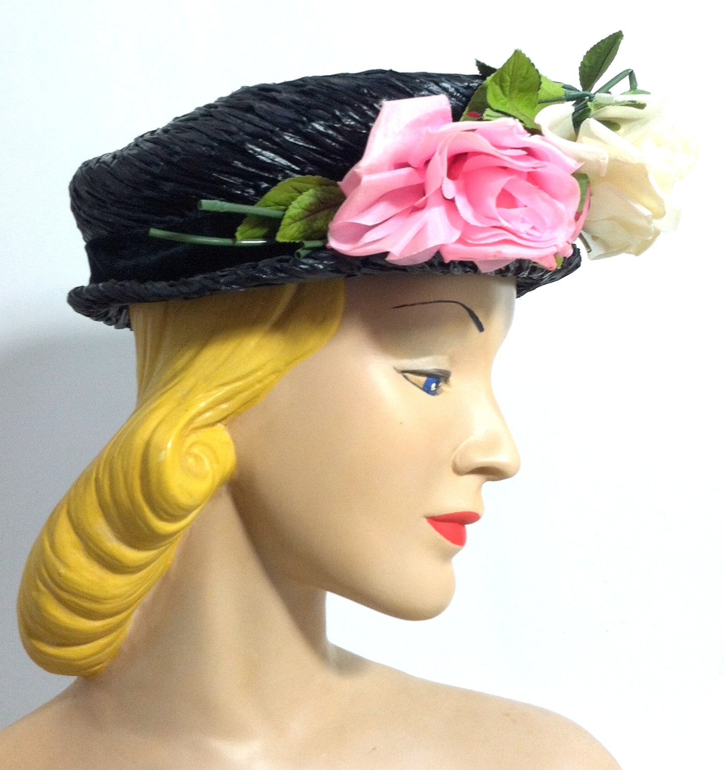 Pretty Perky Pink Rose Trimmed Deep Blue Sisal Narrow Brim Hat circa 1950s