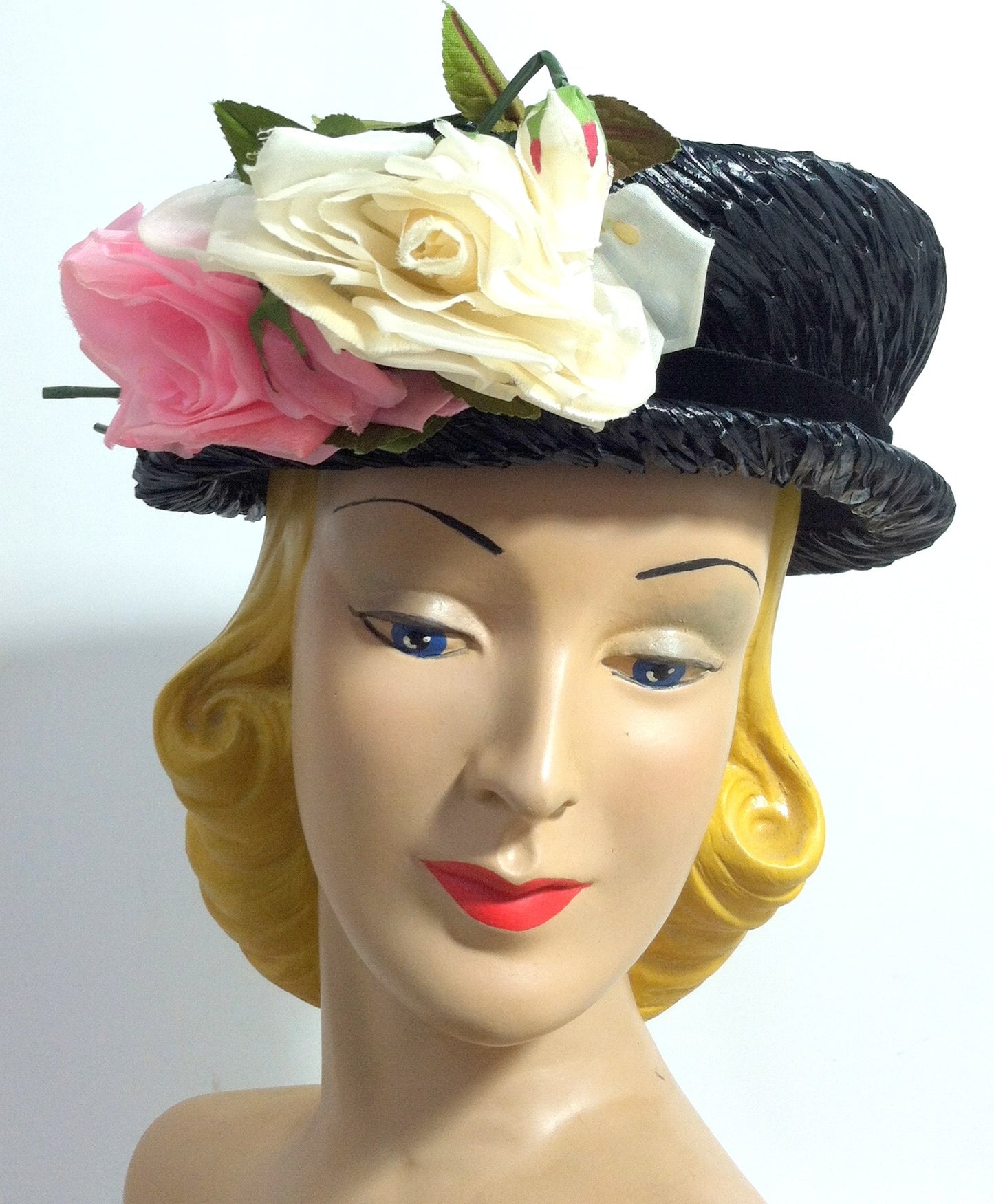 Pretty Perky Pink Rose Trimmed Deep Blue Sisal Narrow Brim Hat circa 1950s