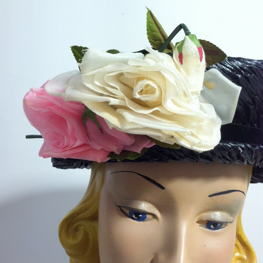 Pretty Perky Pink Rose Trimmed Deep Blue Sisal Narrow Brim Hat circa 1950s