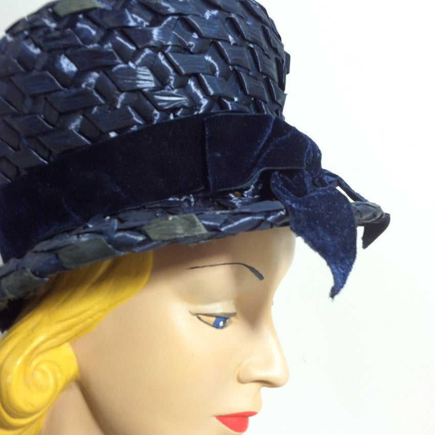 Big Glossy Blue Sisal Bubble Hat w/ Velvet Bow circa 1960s