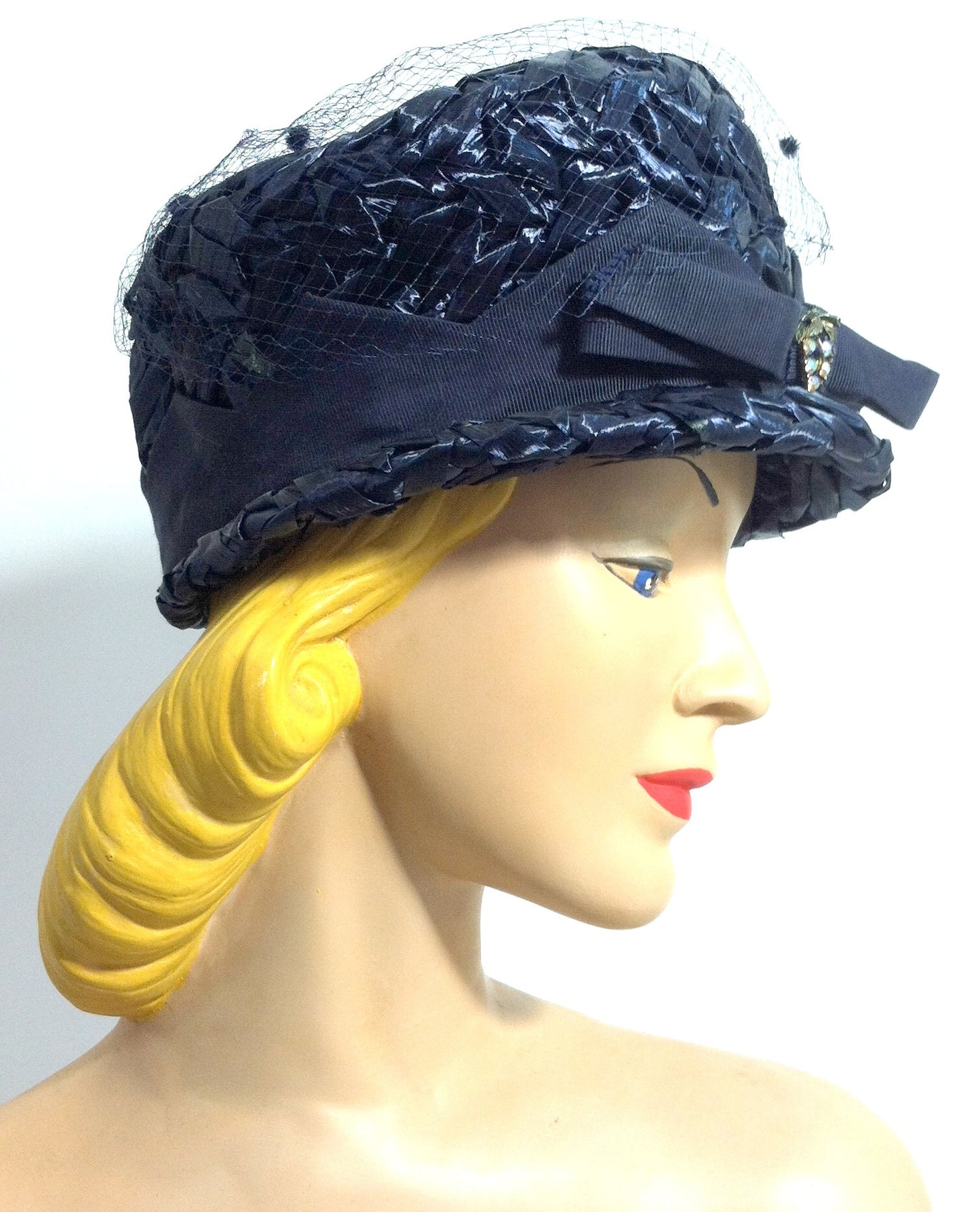 Rhinestone Trimmed Blue Glossy Sisal Hat circa 1960s