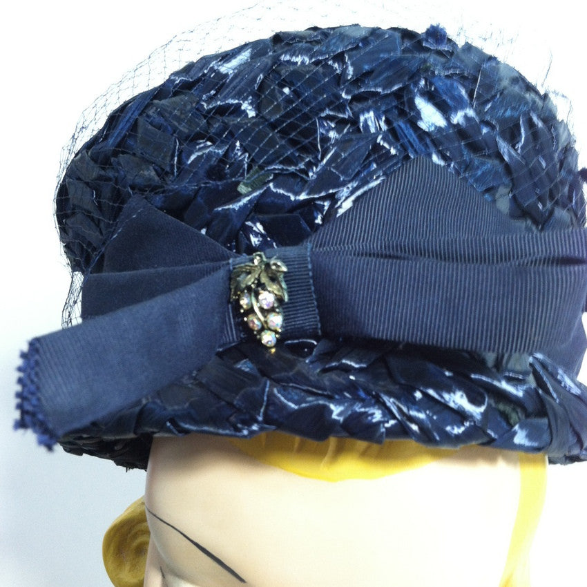 Rhinestone Trimmed Blue Glossy Sisal Hat circa 1960s