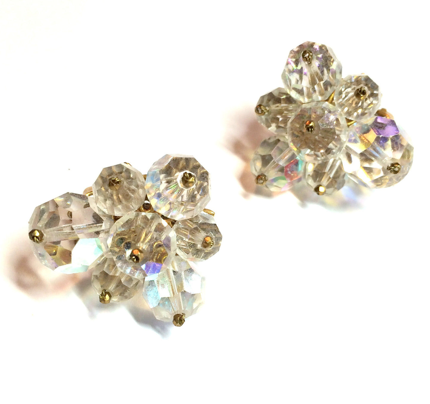 Robert Designer Large Beveled Crystal Clip Earrings circa 1950s