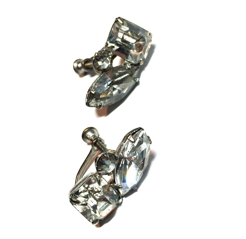 Triple Rhinestone Silver-Toned Metal Clip Earrings circa 1950s