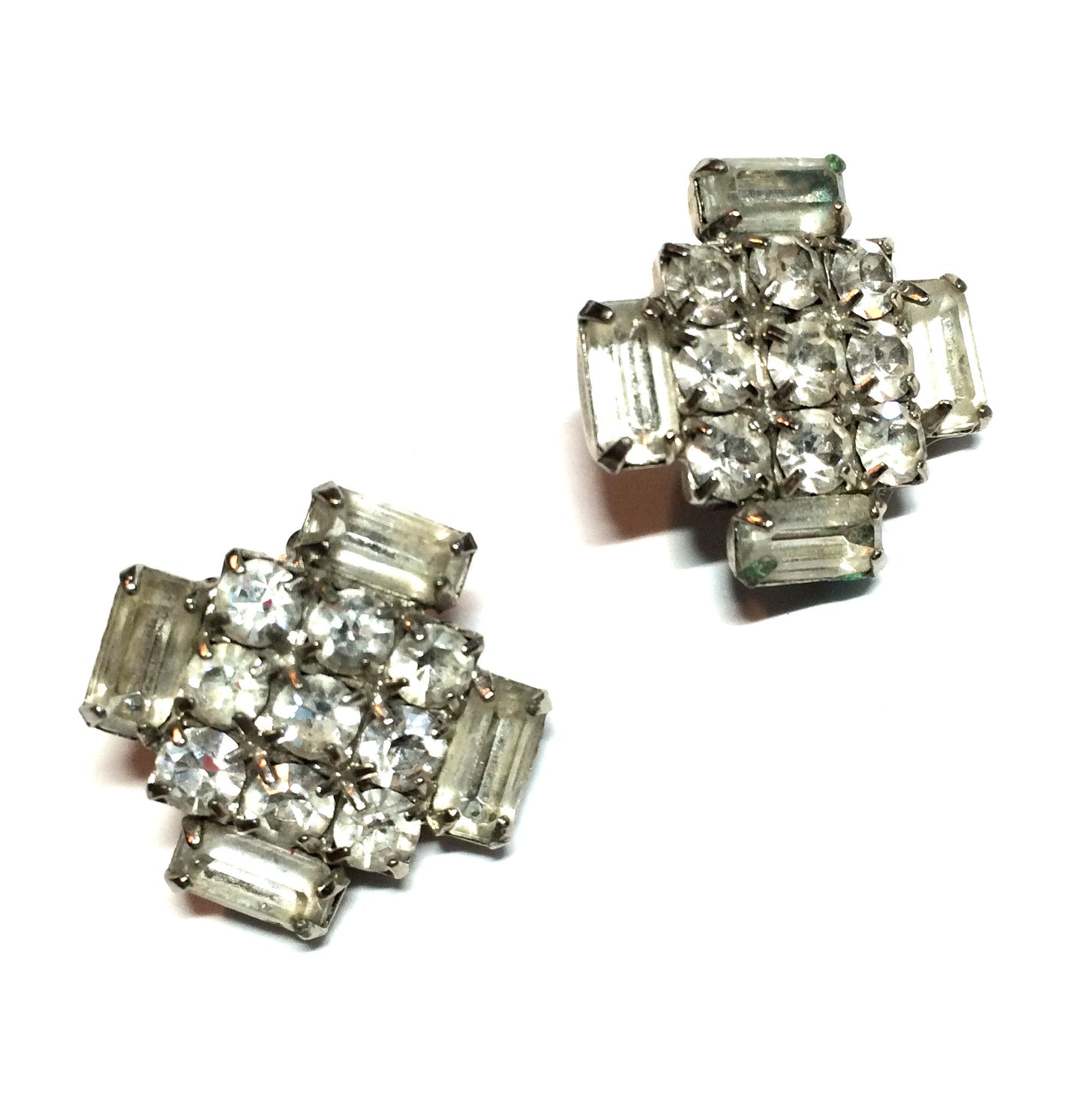 Geometric Glam Clear Rhinestone Clip Earrings circa 1950s