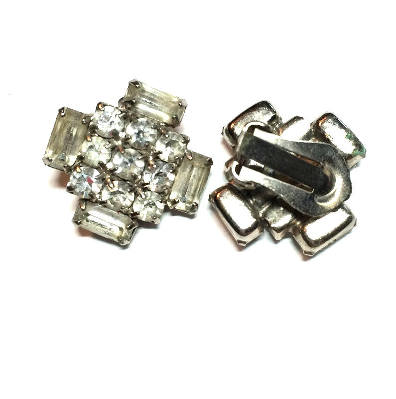 Geometric Glam Clear Rhinestone Clip Earrings circa 1950s