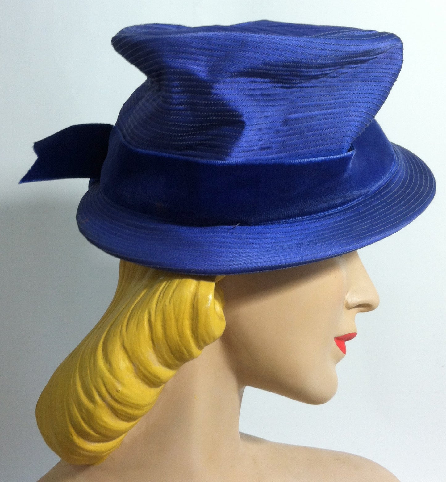 Vivid Blue Deco Seamed Satin Hat w/ Velvet Ribbon circa 1940s